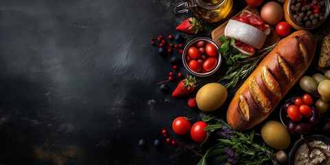 French food and wine creative background for menu and restaurant. Typical gourmet in France. Wine, cheese, baguette with french flag. Food menu, copy space design.