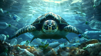 Fototapeta premium plastic pollution with turtle swimming underwater between discarded plastic bottles