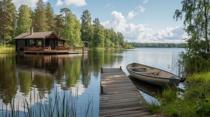 Obraz premium By a calm Finnish lake, a traditional wooden sauna cottage and a pier with a fishing boat create a picturesque summer landscape. 