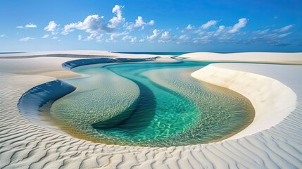 Lencois Maranhenses. A dazzling landscape of dunes and rain lakes. Natural rainwater pool in white sand desert. Nature and travel concept.