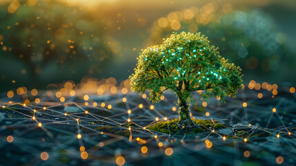 growing internet startup , with green tree growing from network of data and information