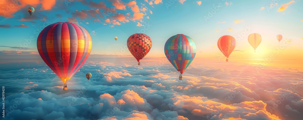 Wall mural a colorful hot air balloon flight above the clouds at sunrise, capturing the serene beauty and adven - Wall murals