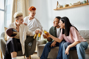 Diverse group enjoys beer on couch.