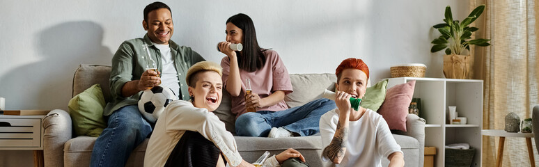 Diverse group of friends relaxing on couch, sharing laughter and joy.