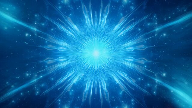 Blue flower mandala with star center, sacred geometry symbol in cosmic background, psychedelic trance art to open third eye with visuals energy chakra
