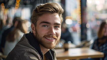 Obraz premium Handsome young man smiling at cafe. Portrait of a happy young man with a beard smiling at an outdoor cafe