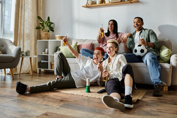 Diverse group of friends and a loving lesbian couple sitting on top of a couch, sharing joy and...