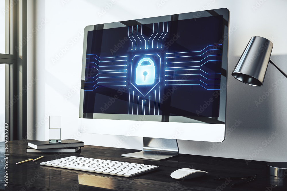 Poster Creative idea concept with lock symbol and microcircuit illustration on modern laptop screen. Protection and firewall concept. 3D Rendering