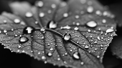 A black and white photo of a leaf with water droplets on it.
