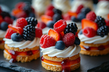 cupcakes with berries, Experience the delectable allure of gourmet finger food with a closeup of sweet desserts artfully presented during a cocktail party or event catering