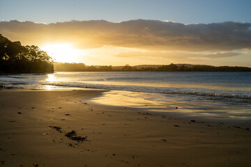 sunrise reflecting on the beach with golden light as waves roll in and water moves on the sand, calming waves