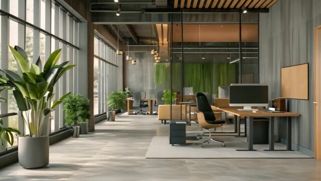 A spacious, contemporary office features large windows, abundant natural light, greenery, open workstations, and a conference area. The design emphasizes productivity and comfort.