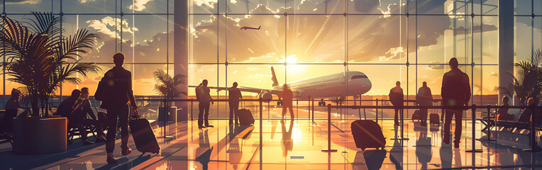 Airport interior with window sunset and airplane in background Picturesque sunlight on background
