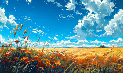 Vibrant Wildflower Field Under Vast Blue Sky, Tall Grass and Orange Blooms, Capturing Summer's Serenity and Freedom