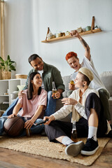 Diverse group of friends, including a loving lesbian couple, sit on the floor, enjoying beer together.