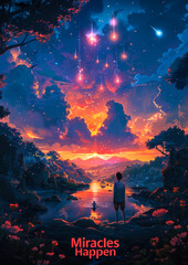 Obraz premium Magical Sunset Landscape with Boy Watching Meteor Shower over River in Enchanted Forest