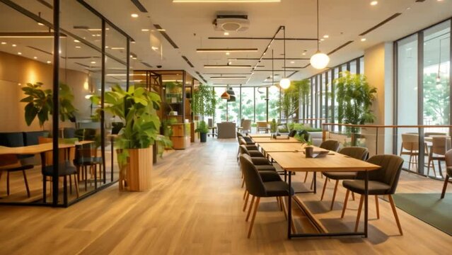 Contemporary communal workspace with large windows, indoor plants, and minimalist furniture. Ideal for collaborative projects and focused work.