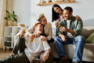 Diverse group of friends, including a loving lesbian couple, sitting on top of a vibrant couch.