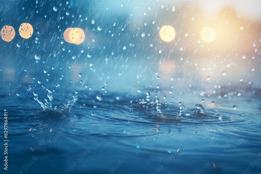 Poster raindrops creating ripples on a water surface with bokeh lights in the background