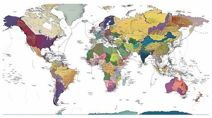 Develop a world map focusing on the distribution of major languages spoken globally. Use different colors to represent different language families and label key regions.