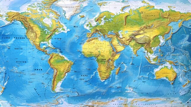 Fototapeta Develop a world map that shows the current political boundaries of all countries. Include major cities and significant geographic features like rivers and mountains.