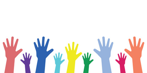 Fototapeta premium Spectrum of raised hands. Unity in diversity icon. Celebrating raising hands vector illustration.