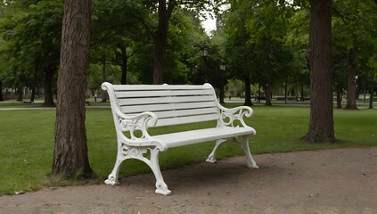 Shot of a white bench in a park