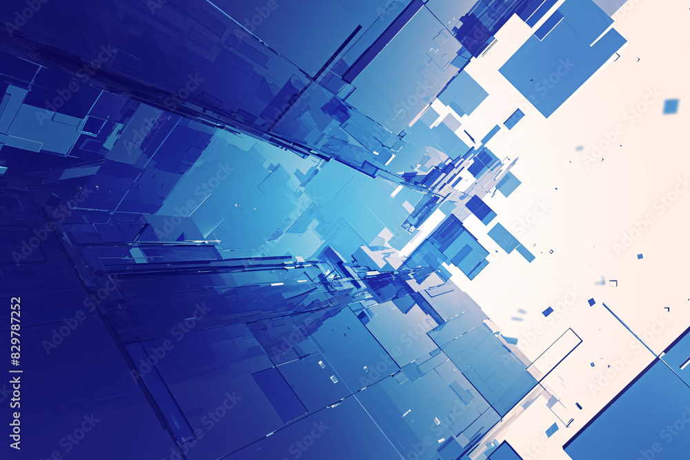 Poster abstract composition of blue and white geometric shapes creating a dynamic futuristic scene