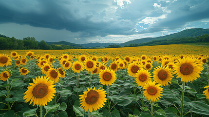 Sunflower field under cloudy sky