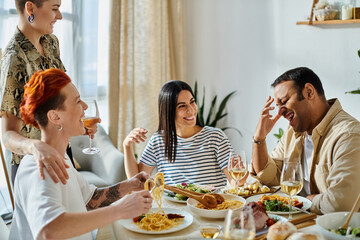 A diverse group enjoys dinner at home, including a loving lesbian couple.