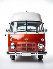 Front view of a red and white vintage van in a white background