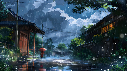 Anime style house in raining