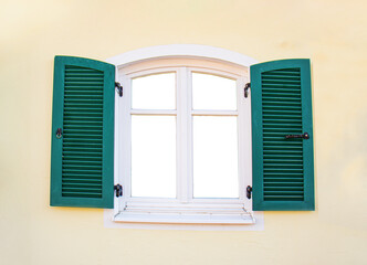 open window with green wooden shutters,mockup