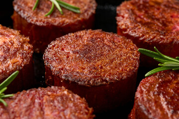 Pan grilled, plant based vegan meat steak with herbs. Alternatives meat. Eco friendly healthy food,