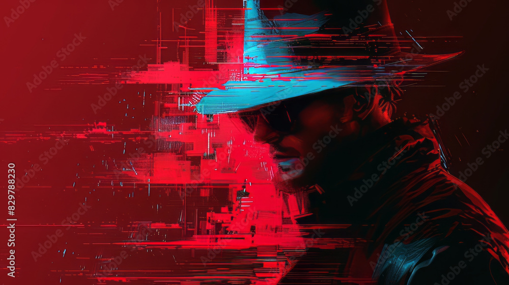 Poster digital illustration of hacker with hat and sunglasses in abstract style