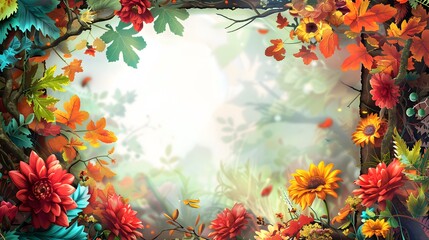 Blank white paper framed by a beautiful nature setting with colorful flowers and leafy branches with copy space for text