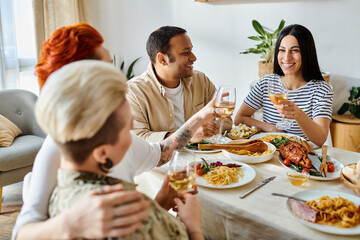 Diverse friends and a loving lesbian couple enjoying a meal together at a table.