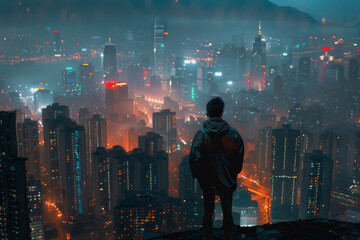 Fototapeta premium Man standing on rooftop overlooking city skyline at night