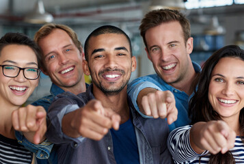 Happy people, portrait and pointing to you with team for opportunity, recruiting or selection at...