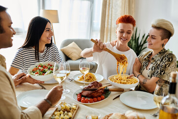 A multicultural group enjoying a meal at a table, including a loving lesbian couple.
