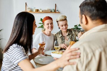 A diverse group of friends sharing a meal around a dinner table at home.