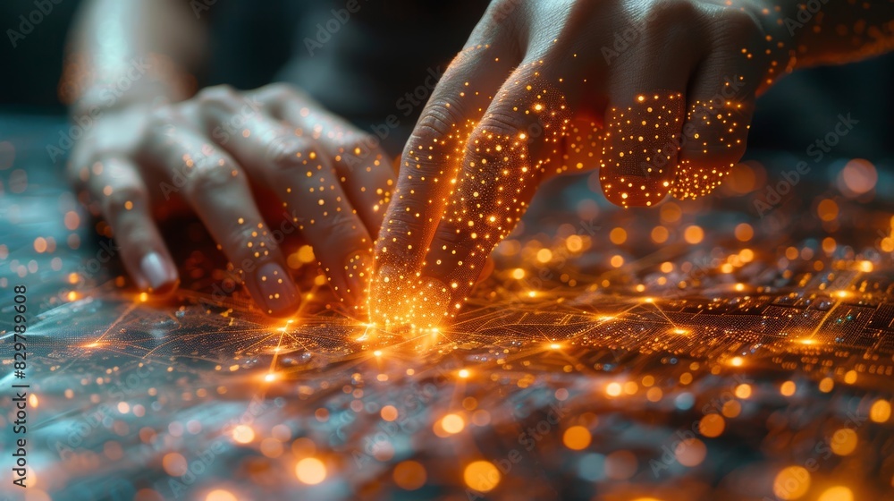 Poster hands interacting with a futuristic, glowing city map with network connections and data points