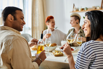 Diverse group of friends enjoying dinner and conversation around table with wine glasses.