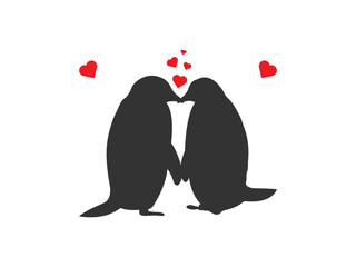 Penguins in Love Cute Couple with hearts love romantic Vector Design. Penguin couple Silhouette isolated white background