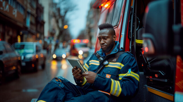 Firefighter in uniform using a digital tablet while on a call with emergency vehicles in background - Powered by Adobe