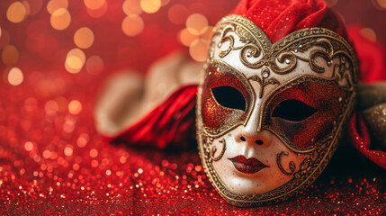 Festive masquerade mask laying on a glittery red surface, invoking a sense of luxury and celebration