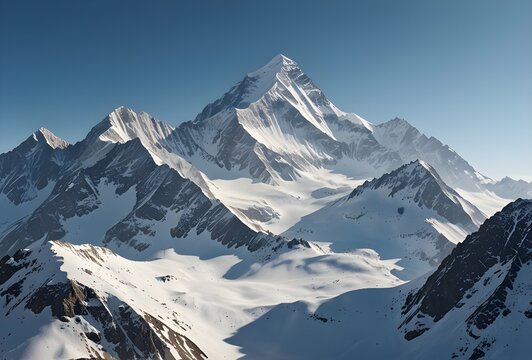 Majestic mountain peaks with snowcapped summits beautiful pic ,Majestic Snowy Mountain Peaks Under a Clear Blue Sky A High Altitude Landscape,Majestic snow-capped mountain range under a clear blue sky