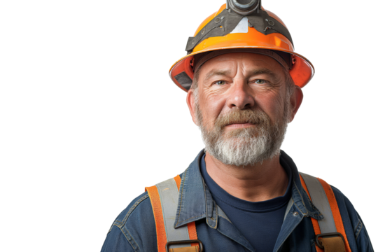 Confident Older Construction Worker in Hard Hat and Headlamp