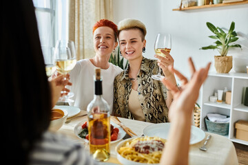 Diverse group enjoys wine together.