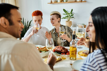 Diverse friends and a loving lesbian couple enjoy dinner together at home.